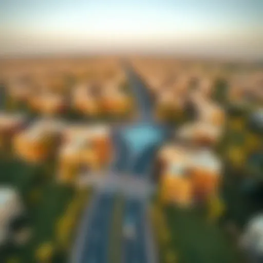 Aerial view of Al Khail Community showcasing its unique layout and greenery