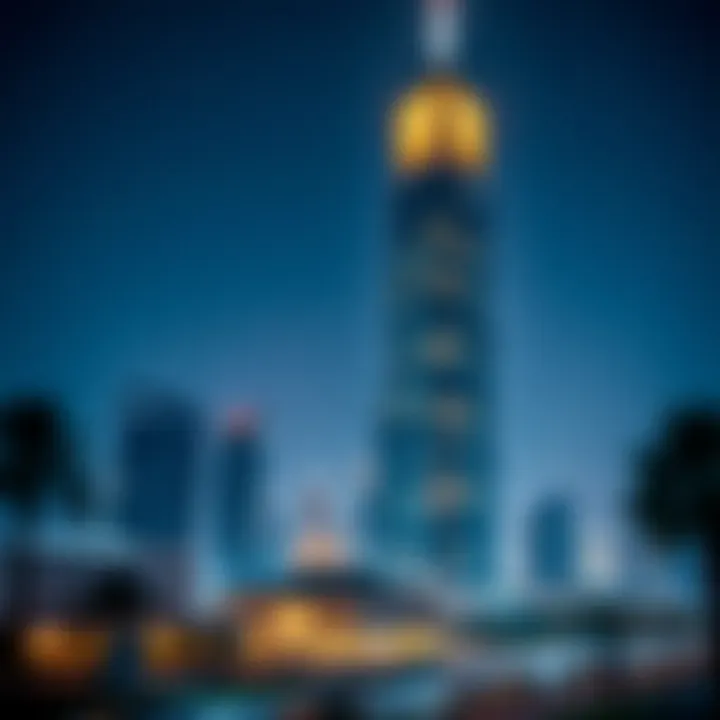 Al Nahda Tower at Night Night view of Al Nahda Tower illuminated against the Dubai skyline