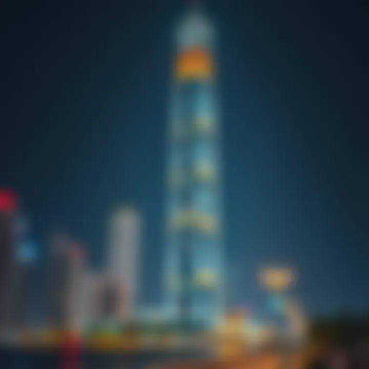 Night shot of the I-Rise Tower illuminated against the Dubai skyline