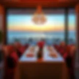A luxurious dining setup overlooking the beach at sunset.