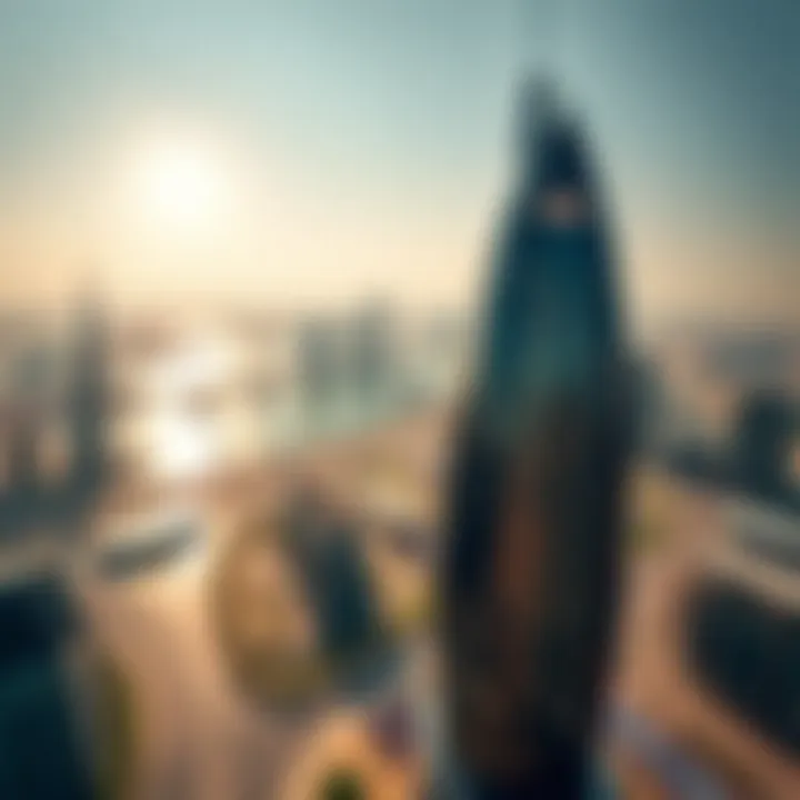 Architectural Brilliance of Damac Tower Aerial view of Damac Tower showcasing its architectural brilliance against Dubai's skyline