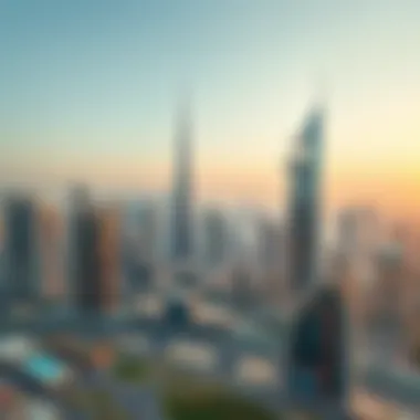 Dubai Skyline with Damas Dubai Tower Panoramic shot of the Dubai skyline featuring Damas Dubai Tower