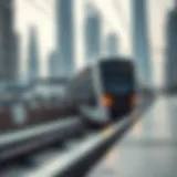 A modern Dubai Metro train gliding along a track with skyscrapers in the background