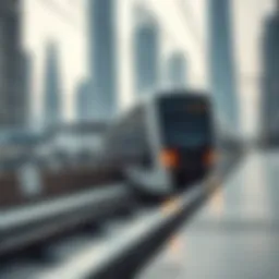 A modern Dubai Metro train gliding along a track with skyscrapers in the background