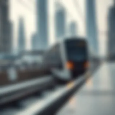 A modern Dubai Metro train gliding along a track with skyscrapers in the background