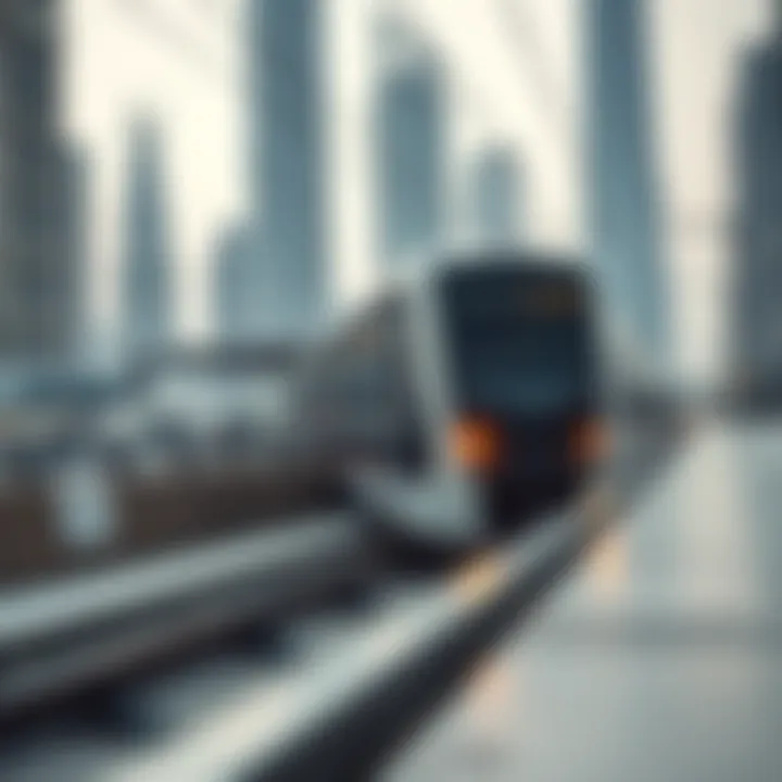 A modern Dubai Metro train gliding along a track with skyscrapers in the background