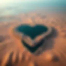 Aerial view of Al Qudra Love Lake showcasing its heart-shaped design surrounded by the desert landscape