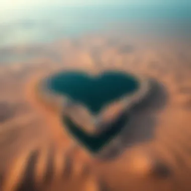 Aerial view of Al Qudra Love Lake showcasing its heart-shaped design surrounded by the desert landscape