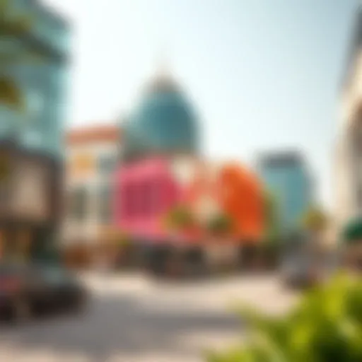 Vibrant street view of Al Wasl Box Park showcasing unique architectural designs