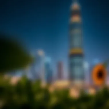 Night view of Al Wasl Tower illuminated against the Dubai skyline