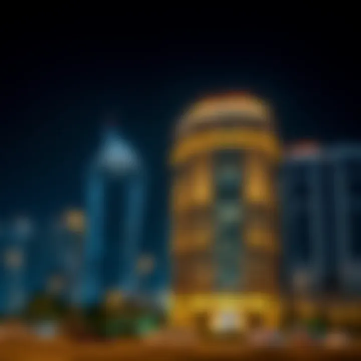 Night view of Al Razi Building illuminated in Dubai skyline