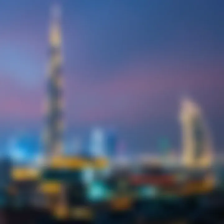 Asyad Tower at Night Evening skyline of Ajman with Asyad Tower illuminated