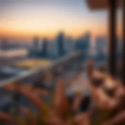 A luxurious balcony overlooking the Dubai skyline at sunset