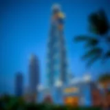 The stunning exterior view of the Crystal Blue Tower in Tecom, highlighting its unique architectural features