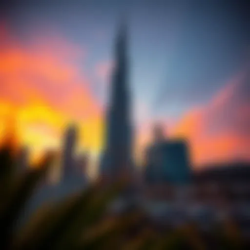 Breathtaking view of Burj Khalifa against a sunset sky