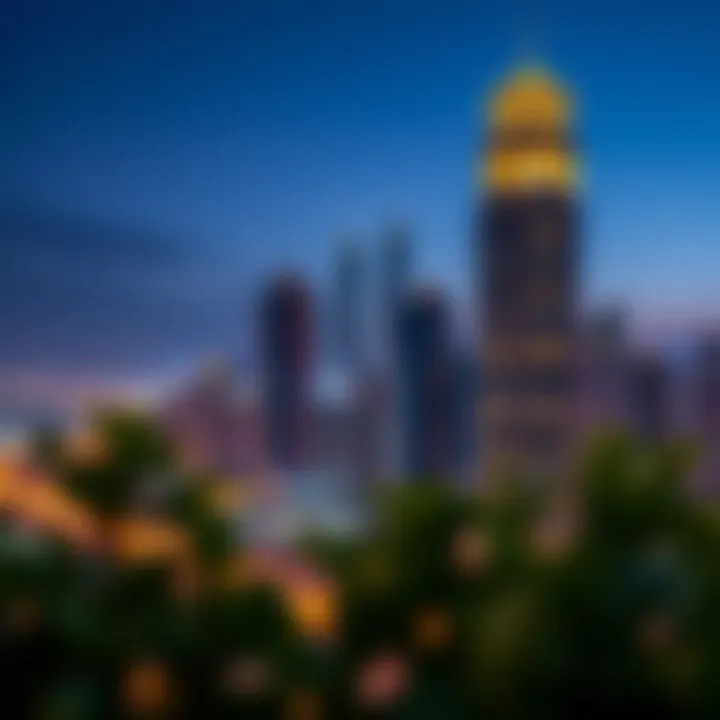Night view of City Tower 1 illuminated against the Dubai skyline