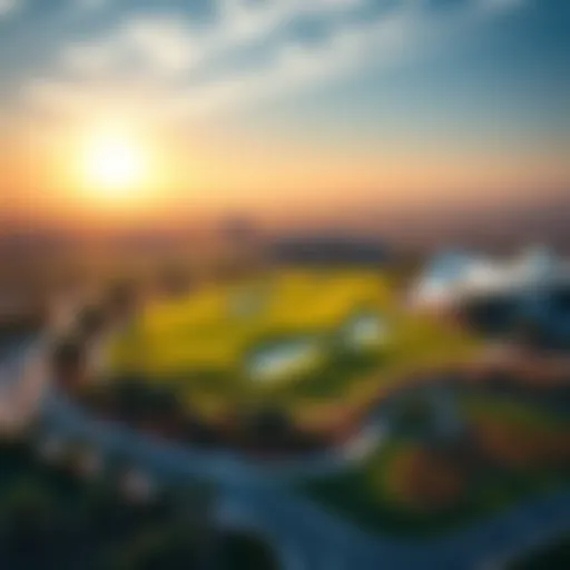 Aerial View of the Golf Club at Dubai Hills Stunning aerial view of the Golf Club at Dubai Hills showcasing its lush greens and modern architecture