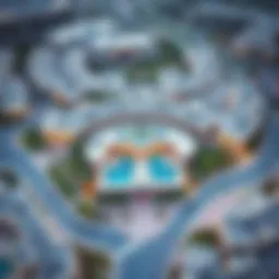 Aerial view of Oak Liwa Heights showcasing its unique architecture and surroundings