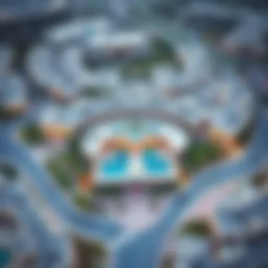 Aerial view of Oak Liwa Heights showcasing its unique architecture and surroundings