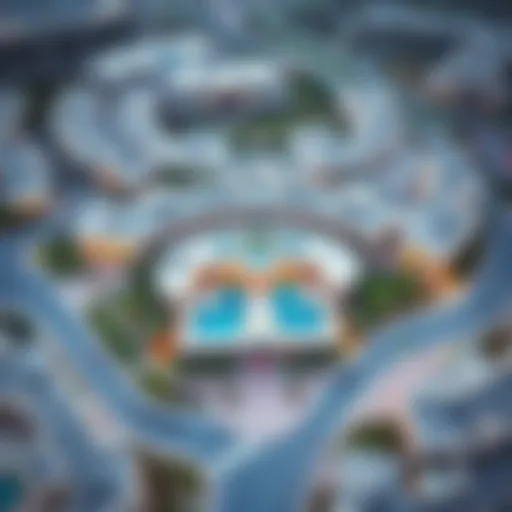 Aerial view of Oak Liwa Heights showcasing its unique architecture and surroundings