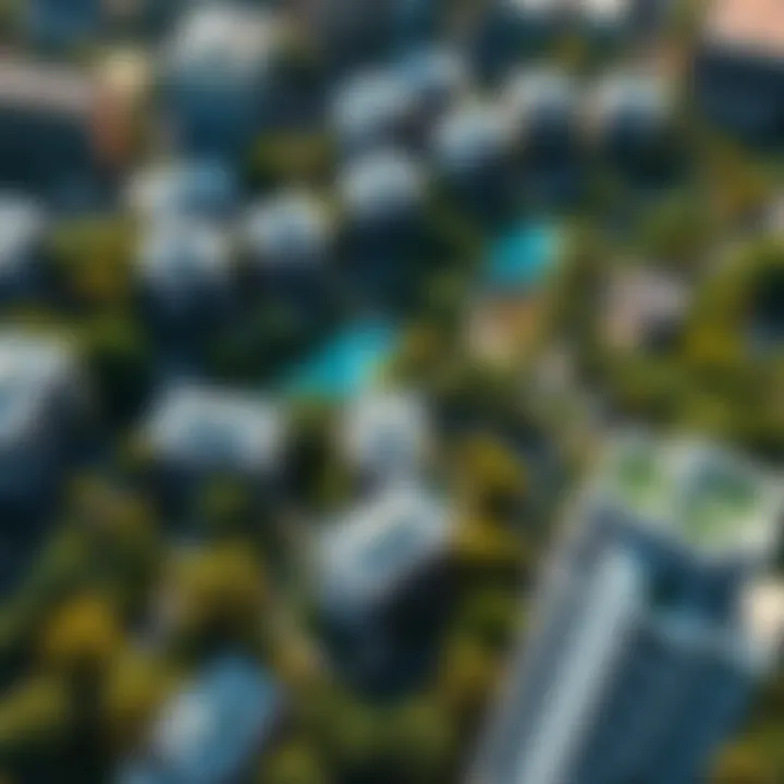 Aerial View of Urban Oasis An aerial view of park residences surrounded by vibrant green spaces in an urban setting