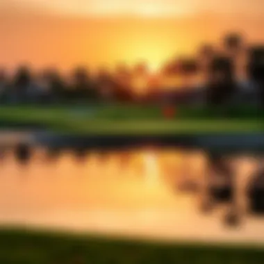 Stunning sunset over a prestigious golf course reflecting on a water hazard