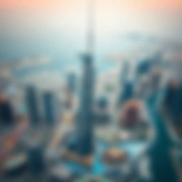 Aerial view of the Burj Daman Building within Dubai's skyline