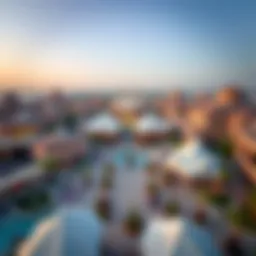 Aerial view of the International Village showcasing its unique architectural design and layout