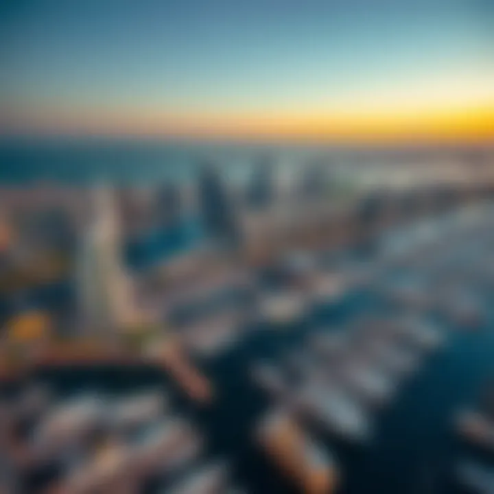 Aerial View of Dubai Marina Stunning aerial view of Dubai Marina at sunset showcasing luxury waterfront properties