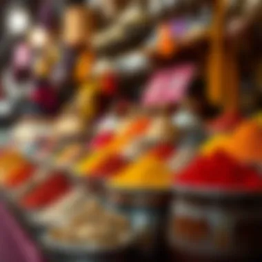 Aromatic Wonders of the Spice Market Colorful spices displayed in traditional containers at a market stall in Dubai.