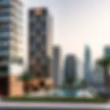 A contemporary view of the Zeenah Building showcasing its unique architectural features against the Dubai skyline.