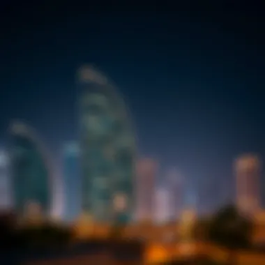 Night view of the Hassanicor Building illuminating Dubai's skyline
