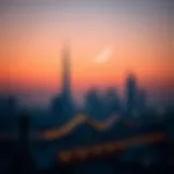 Crescent moon and skyline of Dubai at dusk