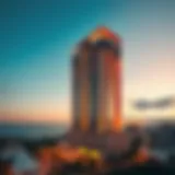 Stunning architectural view of Lago Vista Tower A at sunset