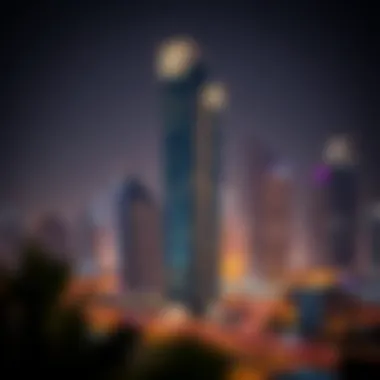 The Meera Building Illuminated at Night Night view of the Meera Building illuminated against the Dubai skyline