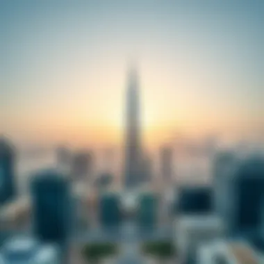 The Meera Building in Dubai's Urban Landscape Panoramic view of Dubai skyline featuring the Meera Building