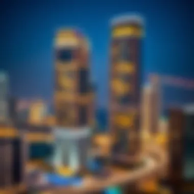 Night view of Nation Towers illuminated against the Dubai skyline