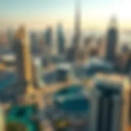 Aerial view of a modern Dubai skyline with iconic buildings