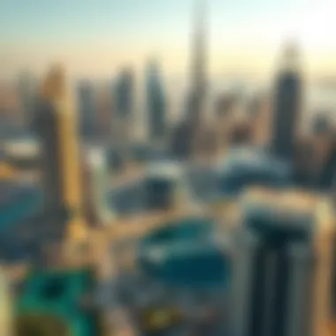 Aerial view of a modern Dubai skyline with iconic buildings
