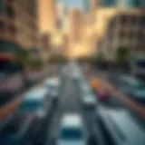 Aerial view of a busy Dubai street with parked vehicles