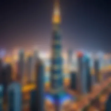 Shaha Tower illuminated at night in the Dubai skyline