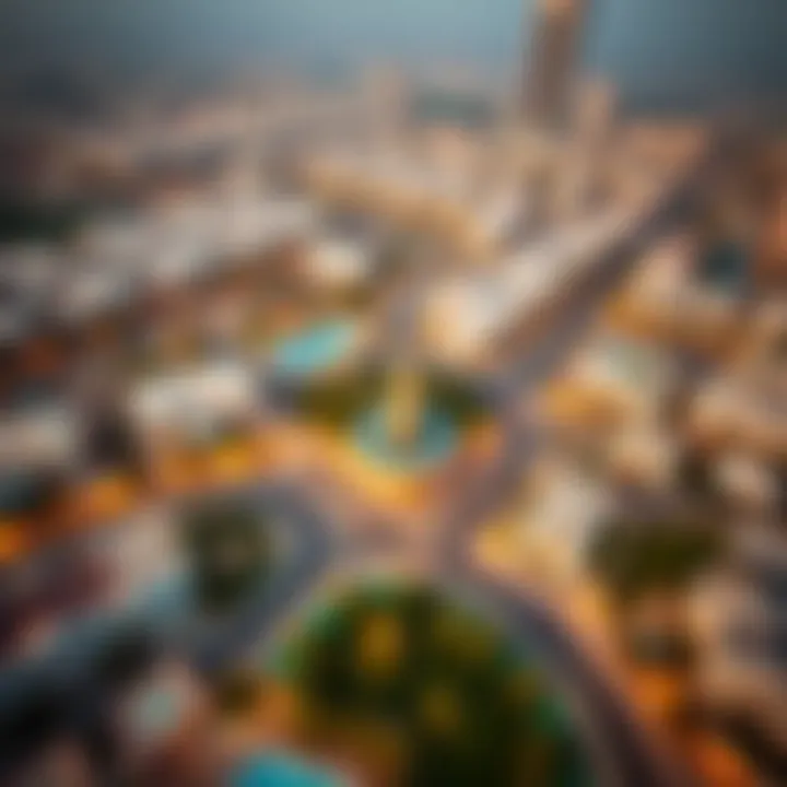 Aerial Perspective of Jumeirah Village Circle Aerial view of Jumeirah Village Circle with Unestate Prime Tower in focus