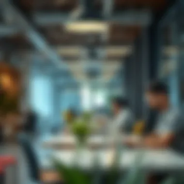 Freelancer's Hub in the UAE A detailed view of a modern co-working space in the UAE, showcasing freelancers at work.