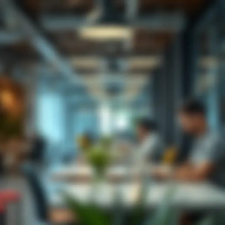 Freelancer's Hub in the UAE A detailed view of a modern co-working space in the UAE, showcasing freelancers at work.